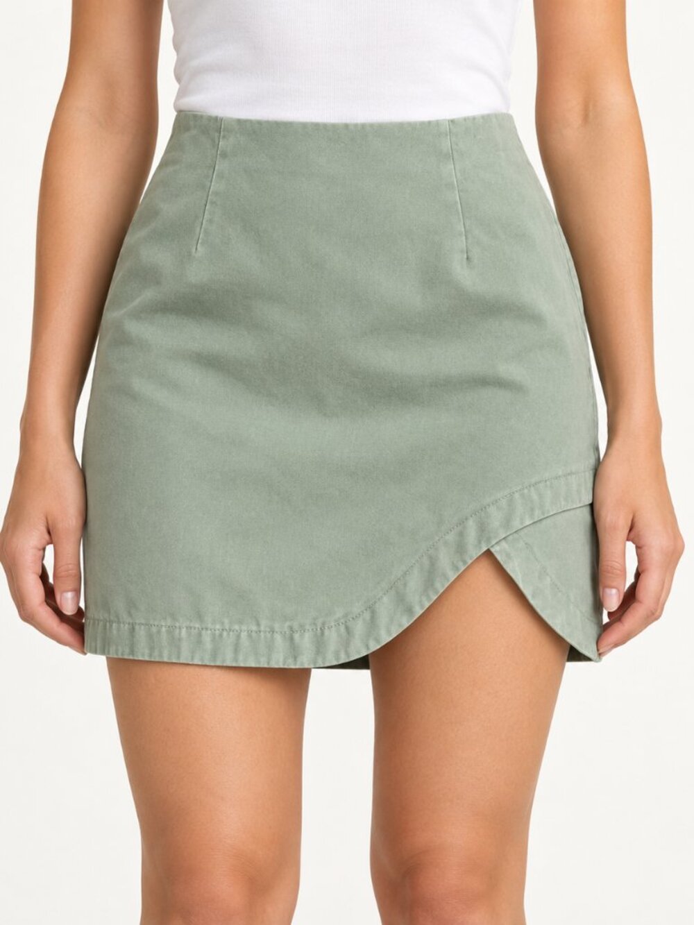 Sage Green Mini Skirt with Curved Hem - Women's Skirt
